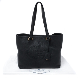 Pre Owned Prada Black Vitello Daino Leather Logo Embossed Tote