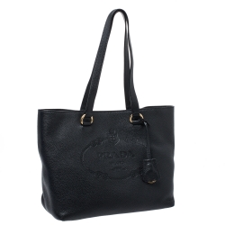 Pre Owned Prada Black Vitello Daino Leather Logo Embossed Tote