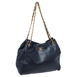 Pre Owned Prada Navy Blue Soft Leather Chain Tote