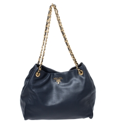 Pre Owned Prada Navy Blue Soft Leather Chain Tote