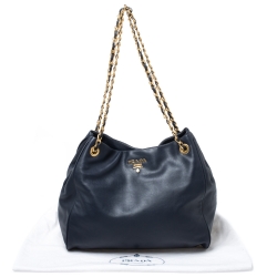 Pre Owned Prada Navy Blue Soft Leather Chain Tote