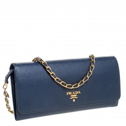 Pre Owned Prada Navy Blue Saffiano Lux Leather Wallet on Chain