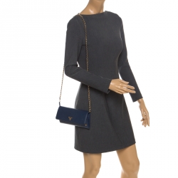 Pre Owned Prada Navy Blue Saffiano Lux Leather Wallet on Chain