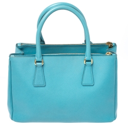 Pre Owned Prada Turquoise Saffiano Lux Leather Small Double Zip Tote