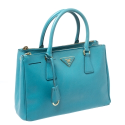 Pre Owned Prada Turquoise Saffiano Lux Leather Small Double Zip Tote