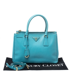 Pre Owned Prada Turquoise Saffiano Lux Leather Small Double Zip Tote