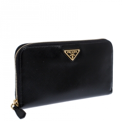 Pre Owned Prada Black Patent Leather Zip Around Wallet