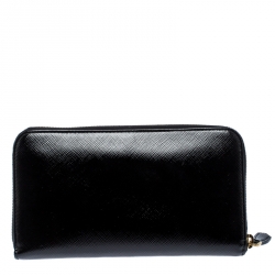 Pre Owned Prada Black Patent Leather Zip Around Wallet