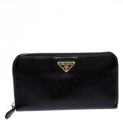 Pre Owned Prada Black Patent Leather Zip Around Wallet