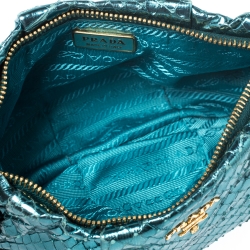 Pre Owned Prada Metallic Turquoise Pleated Python Wristlet Clutch