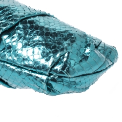 Pre Owned Prada Metallic Turquoise Pleated Python Wristlet Clutch