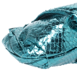 Pre Owned Prada Metallic Turquoise Pleated Python Wristlet Clutch