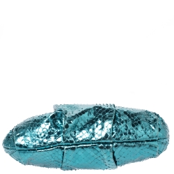 Pre Owned Prada Metallic Turquoise Pleated Python Wristlet Clutch