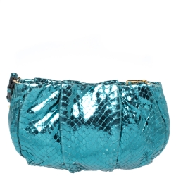 Pre Owned Prada Metallic Turquoise Pleated Python Wristlet Clutch