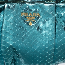 Pre Owned Prada Metallic Turquoise Pleated Python Wristlet Clutch