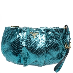 Pre Owned Prada Metallic Turquoise Pleated Python Wristlet Clutch
