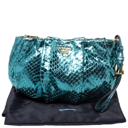 Pre Owned Prada Metallic Turquoise Pleated Python Wristlet Clutch