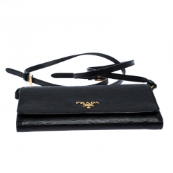Pre Owned Prada Black Leather Wallet On Strap