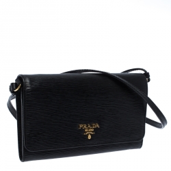 Pre Owned Prada Black Leather Wallet On Strap