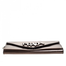 Pre Owned Prada Bronze Patent Leather Spazzolato Logo Envelope Chain Clutch