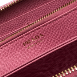 Pre Owned Prada Pink Saffiano Lux Leather Logo Zip Around Wallet 