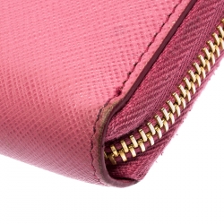 Pre Owned Prada Pink Saffiano Lux Leather Logo Zip Around Wallet 