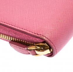 Pre Owned Prada Pink Saffiano Lux Leather Logo Zip Around Wallet 