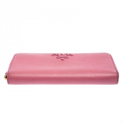 Pre Owned Prada Pink Saffiano Lux Leather Logo Zip Around Wallet 