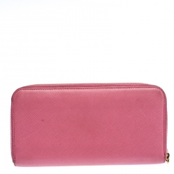 Pre Owned Prada Pink Saffiano Lux Leather Logo Zip Around Wallet 