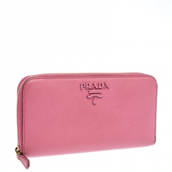Pre Owned Prada Pink Saffiano Lux Leather Logo Zip Around Wallet 