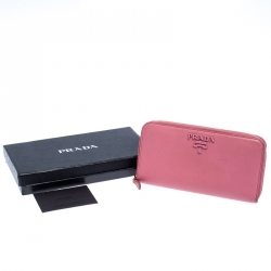 Pre Owned Prada Pink Saffiano Lux Leather Logo Zip Around Wallet 