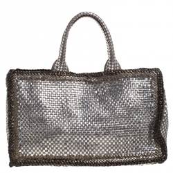 Pre Owned Prada Metallic Silver Woven Leather Tote