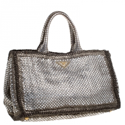 Pre Owned Prada Metallic Silver Woven Leather Tote