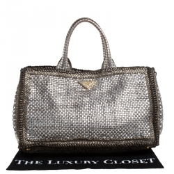 Pre Owned Prada Metallic Silver Woven Leather Tote