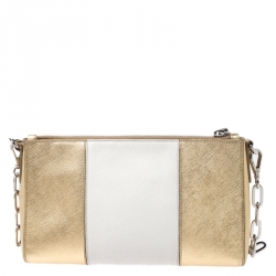 Pre Owned Prada Metallic Gold/Off White Saffiano Leather Crossbody Bag