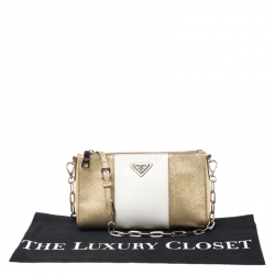Pre Owned Prada Metallic Gold/Off White Saffiano Leather Crossbody Bag