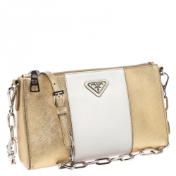 Pre Owned Prada Metallic Gold/Off White Saffiano Leather Crossbody Bag