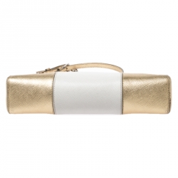 Pre Owned Prada Metallic Gold/Off White Saffiano Leather Crossbody Bag