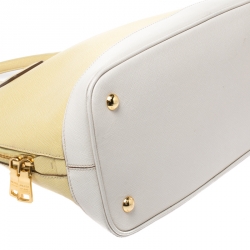Prada Yellow/Off White Saffiano Lux Leather Medium Promenade Bag