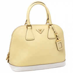 Pre Owned Prada Yellow/Off White Saffiano Lux Leather Medium Promenade Bag