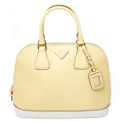 Prada Yellow/Off White Saffiano Lux Leather Medium Promenade Bag