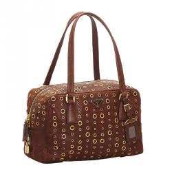 Pre Owned Prada Brown Grommet Leather Shoulder Bag