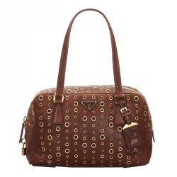 Pre Owned Prada Brown Grommet Leather Shoulder Bag