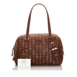 Pre Owned Prada Brown Grommet Leather Shoulder Bag