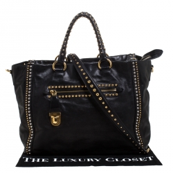 Pre Owned Prada Black Leather Gold/Silver Studded Tote