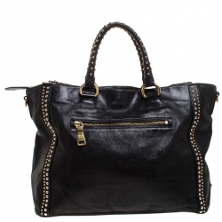 Pre Owned Prada Black Leather Gold/Silver Studded Tote