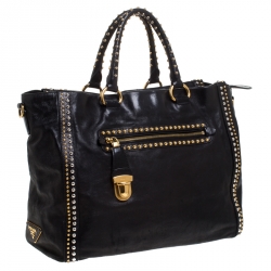 Pre Owned Prada Black Leather Gold/Silver Studded Tote