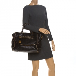 Pre Owned Prada Black Leather Gold/Silver Studded Tote