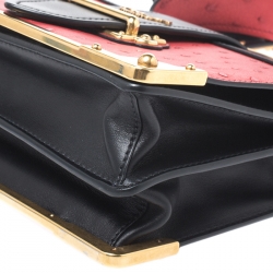 Pre Owned Prada Black/Red Leather and Ostrich Cahier Flap Shoulder Bag
