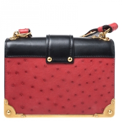 Pre Owned Prada Black/Red Leather and Ostrich Cahier Flap Shoulder Bag